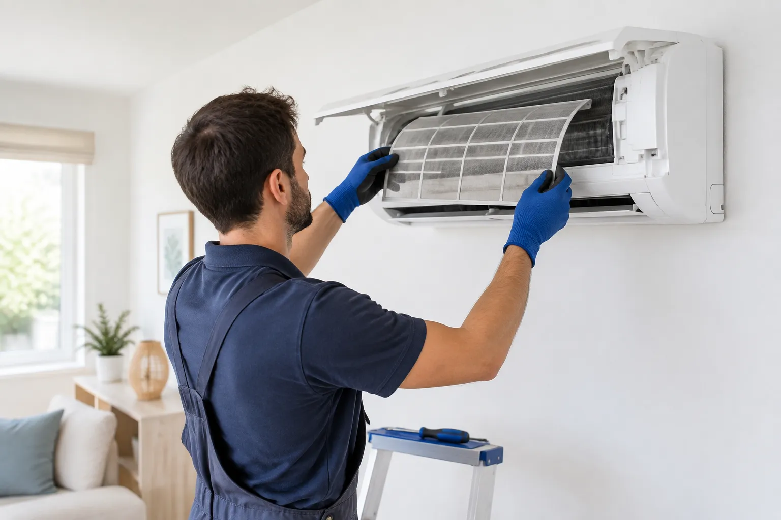 Técnico revisando los filtros de un aire acondicionado en una vivienda de Vélez-Málaga