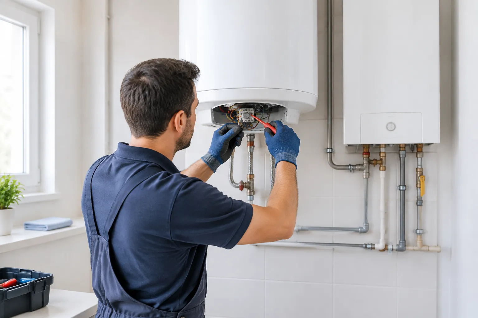 Técnico revisando el termostato del termo eléctrico de un edificio en Nerja