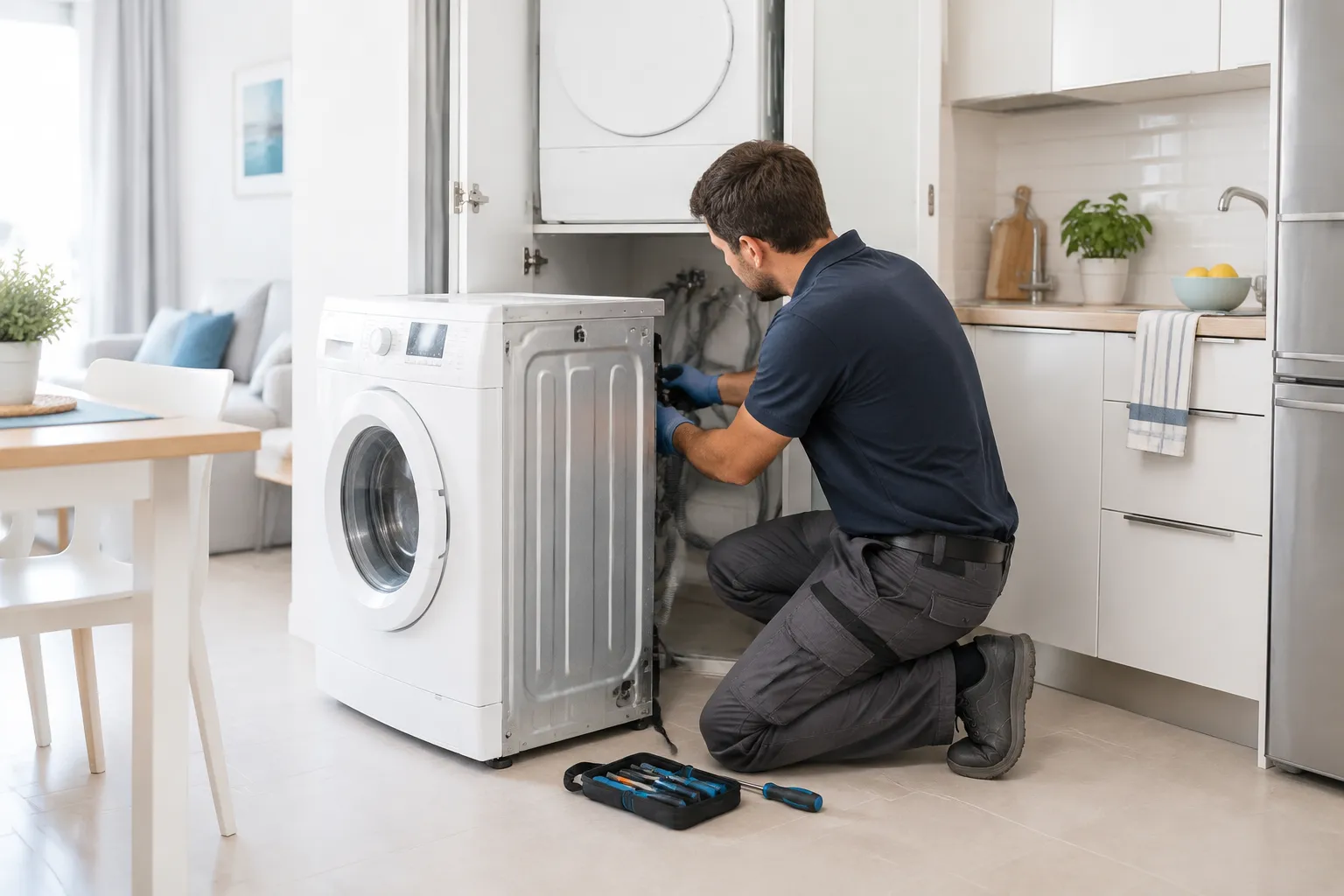 Técnico comprobando los tubos de la lavadora de un apartamento turístico en Nerja