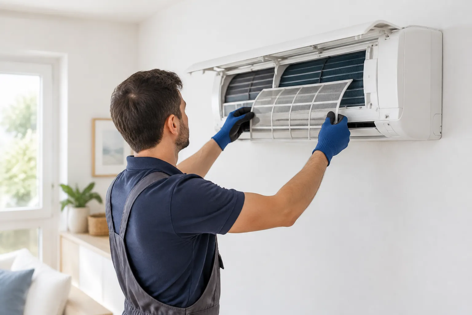 Técnico revisando los filtros de una bomba de calor en una vivienda de Nerja
