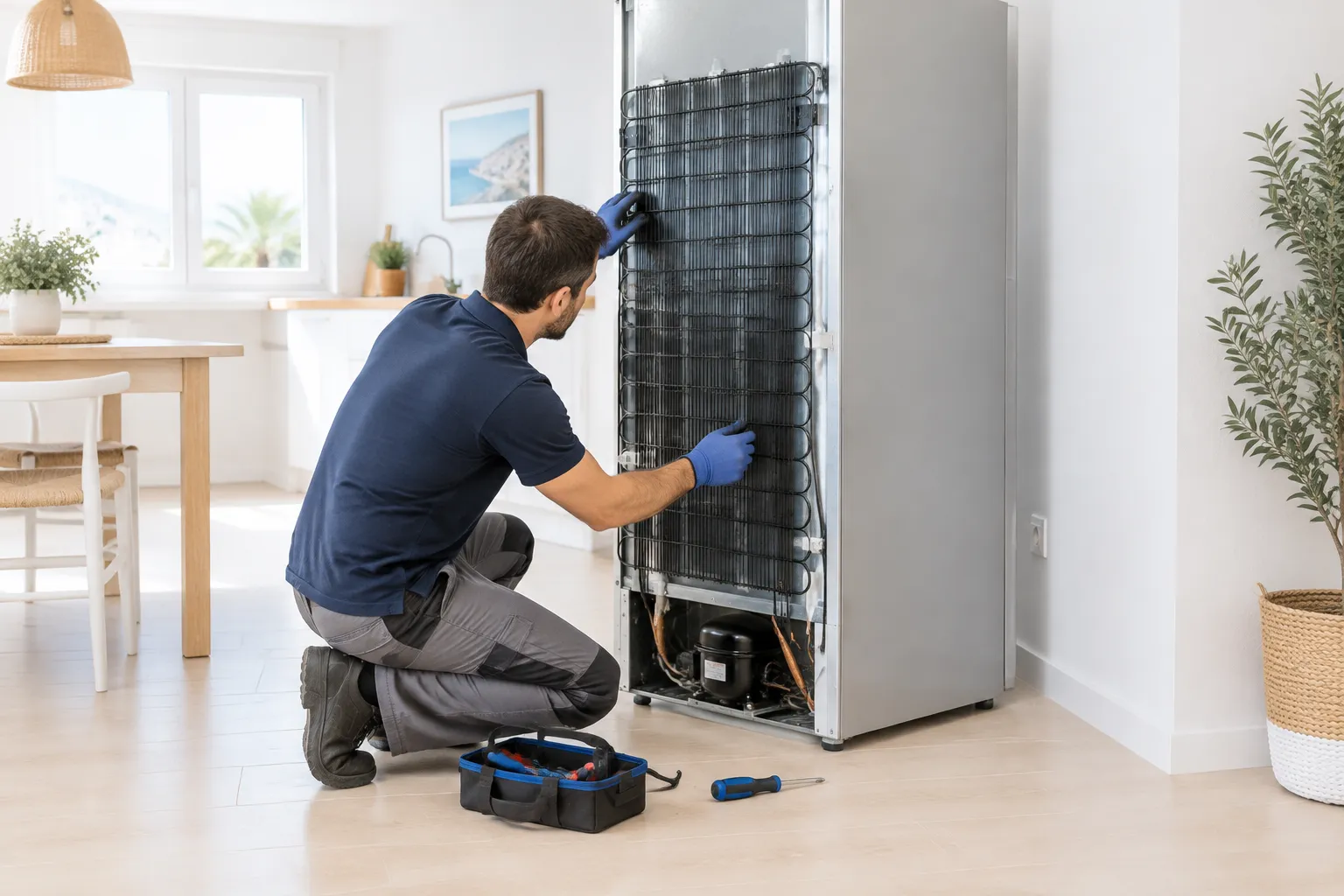 Técnico comprobando la rejilla del condensador en la parte trasera de un frigorífico en una vivienda de Almuñécar