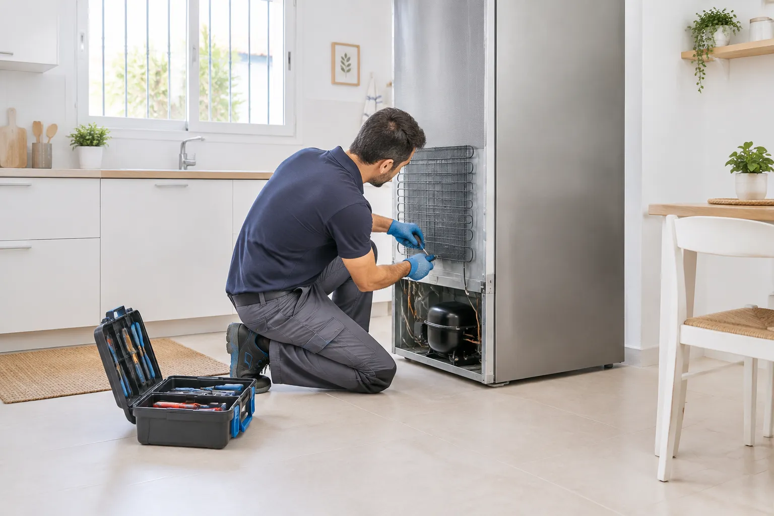 Técnico trabajando en una cocina junto a un frigorífico, con el maletín de herramientas abierto en una vivienda de Vélez-Málaga