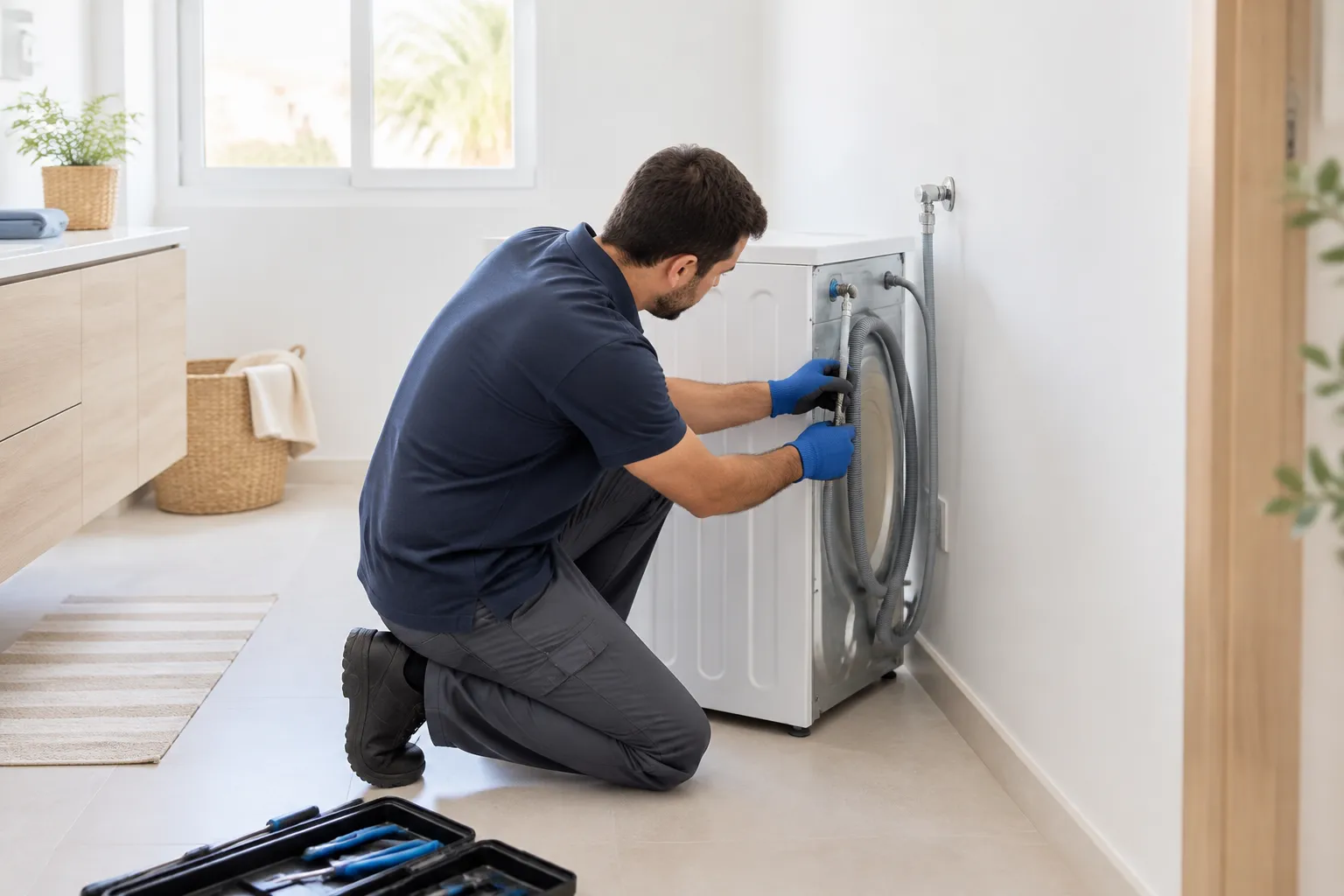 Técnico comprobando los tubos de la parte trasera de una lavadora en una vivienda de Vélez-Málaga