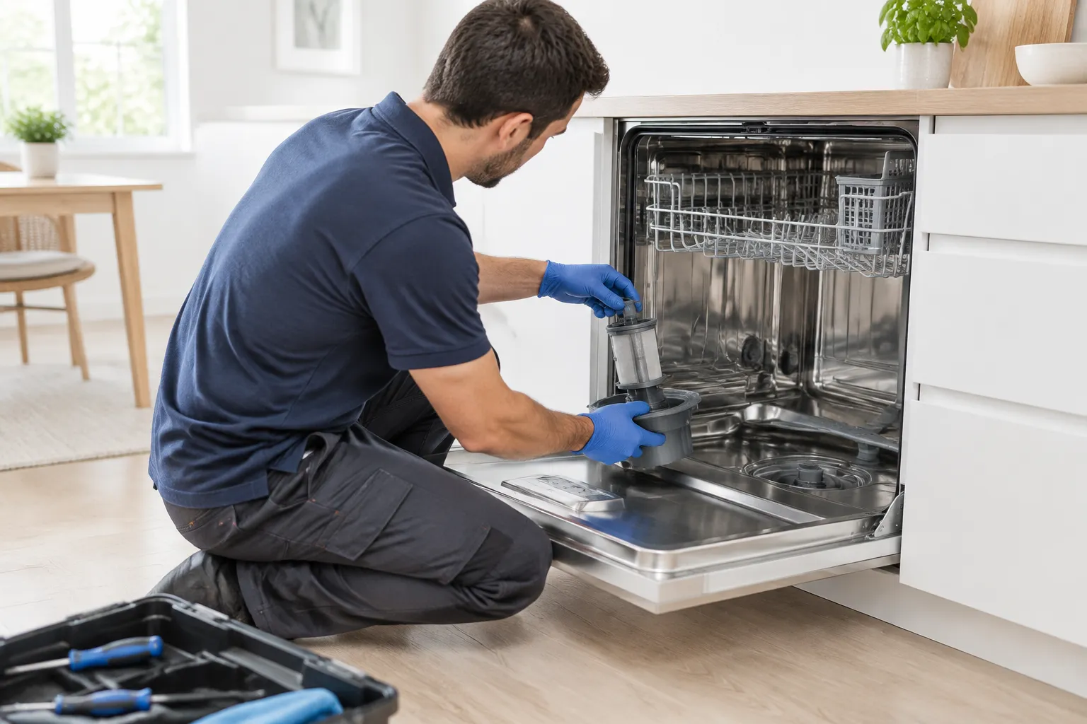 Técnico revisando el filtro de un lavavajillas en una vivienda de Almuñécar