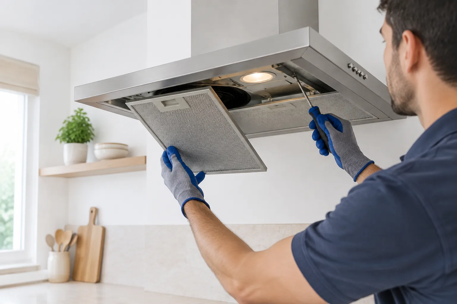 Técnico inspeccionando los filtros metálicos y la luz de una campana extractora en una vivienda de Nerja