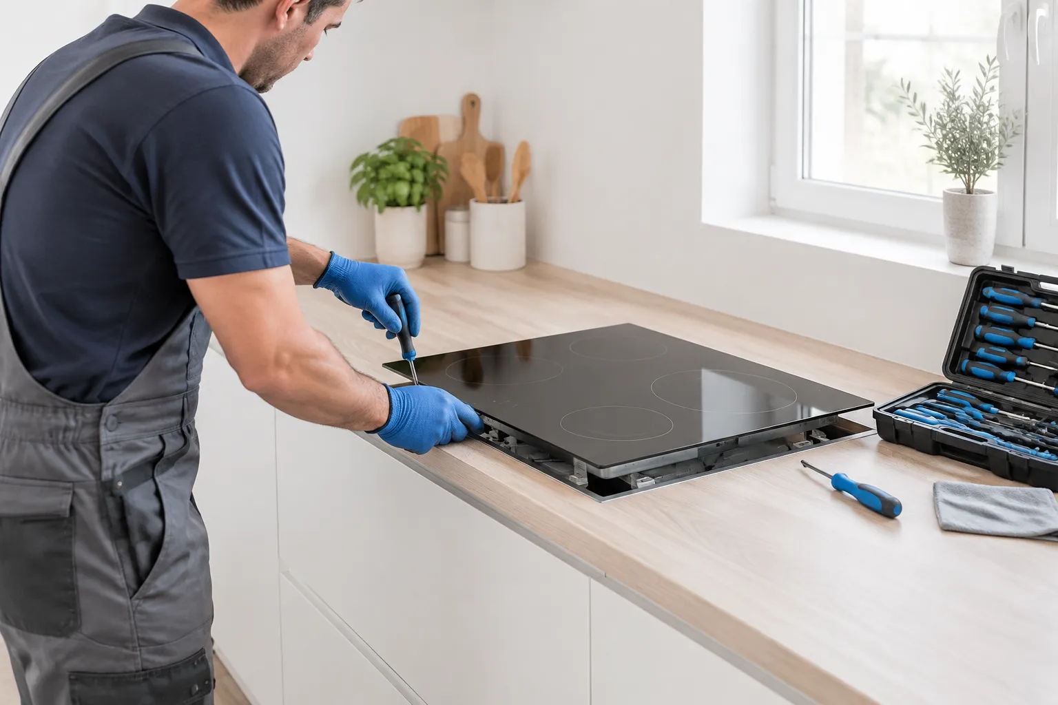 Técnico trabajando en una cocina junto a una cocina de inducción, con el maletín de herramientas abierto en una vivienda de Nerja