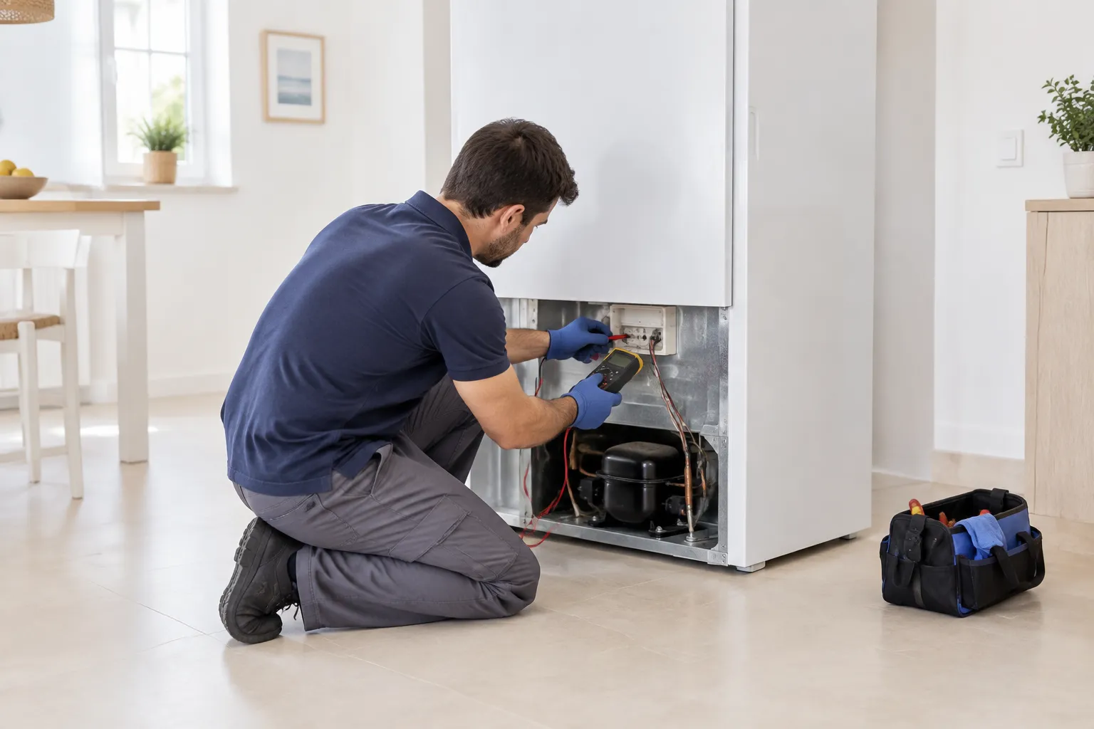 Técnico midiendo con un multímetro el termostato de un congelador en una vivienda de Nerja