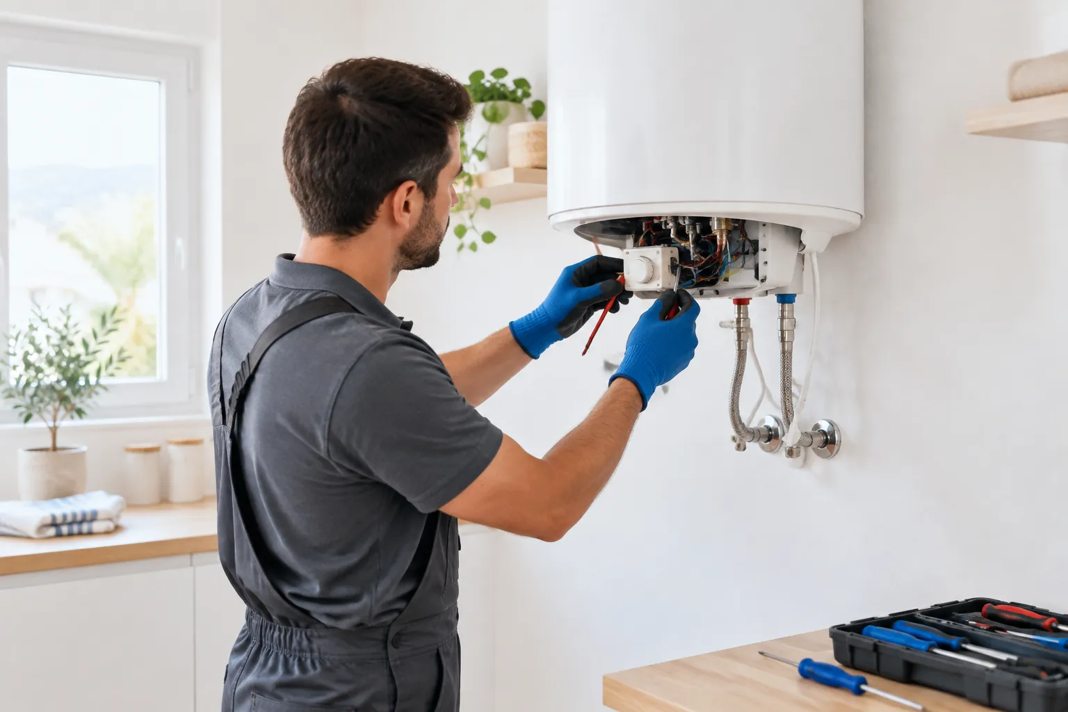 Técnico revisando el termostato de un termo eléctrico en una vivienda de Nerja