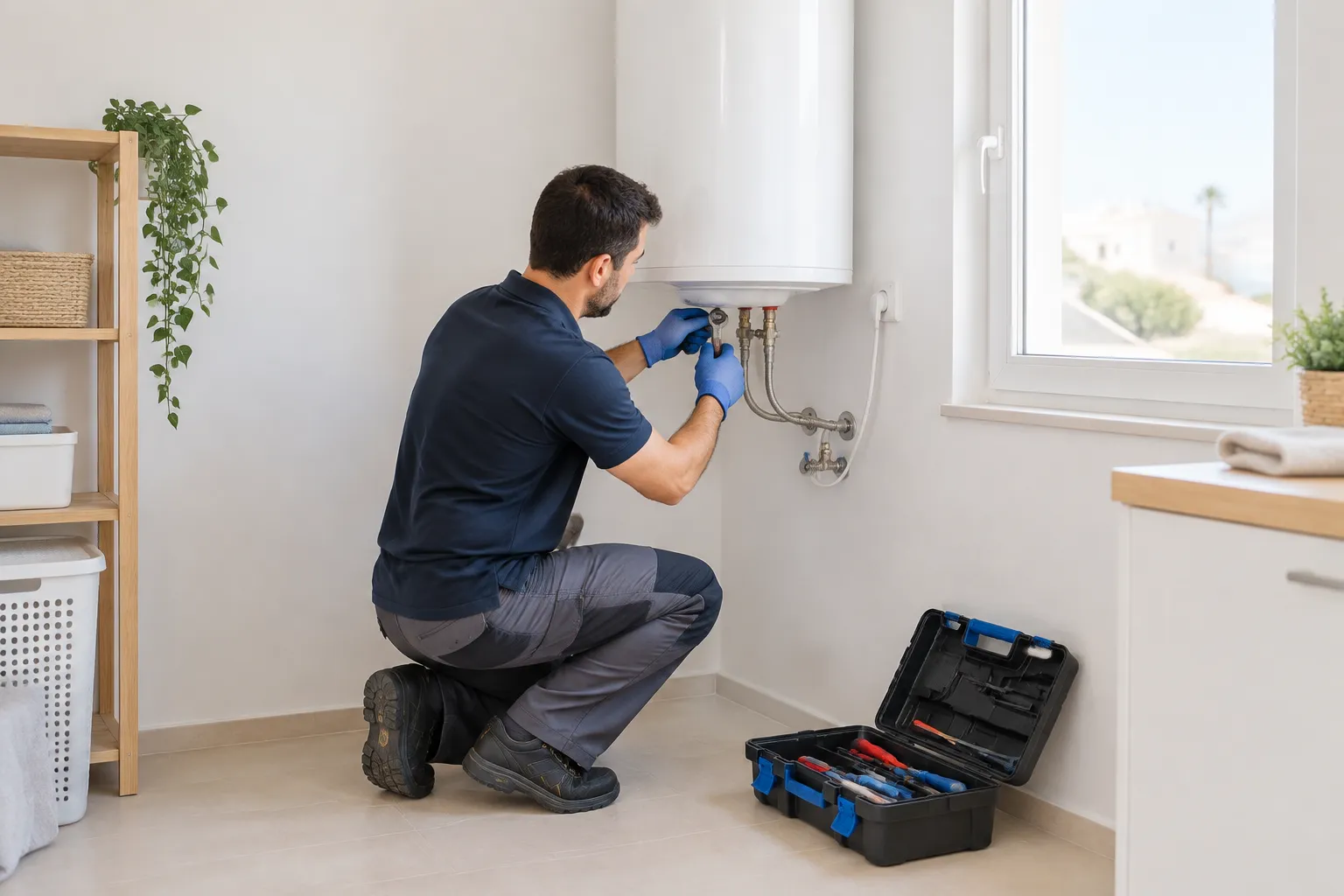 Técnico trabajando en un cuarto de instalaciones junto a un termo eléctrico, con el maletín de herramientas abierto en una vivienda de Torre del Mar