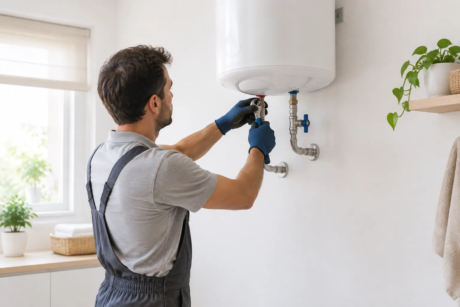 Técnico comprobando las tomas de agua de un termo eléctrico en una vivienda de Torrox