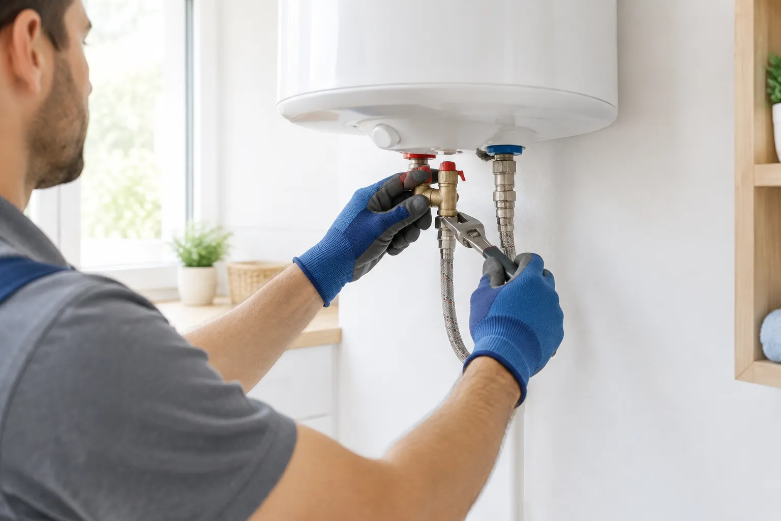 Técnico inspeccionando la válvula de seguridad y las conexiones de un termo eléctrico en una vivienda de Vélez-Málaga