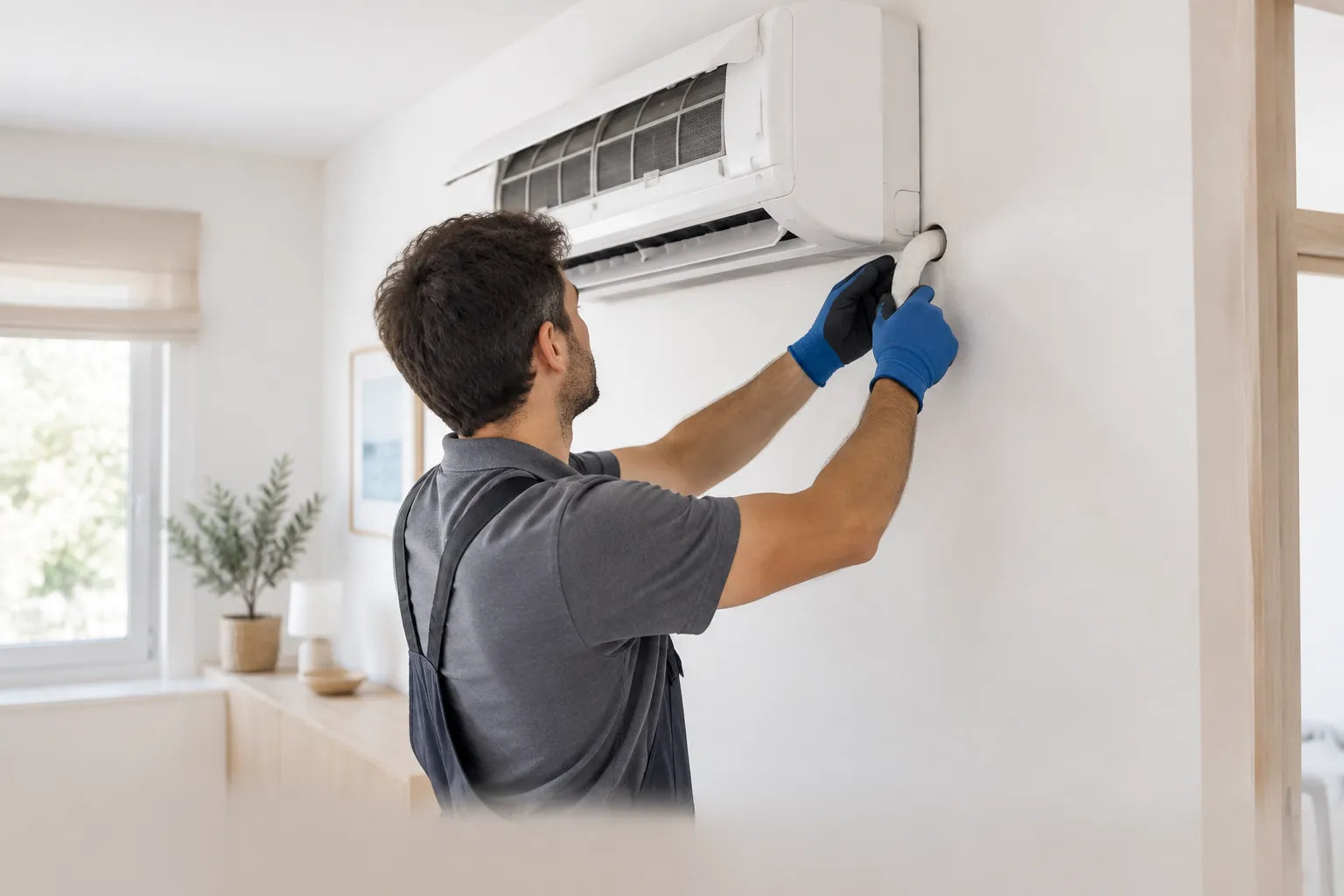 Técnico comprobando el desagüe de condensados de un aire acondicionado en una vivienda de Algarrobo