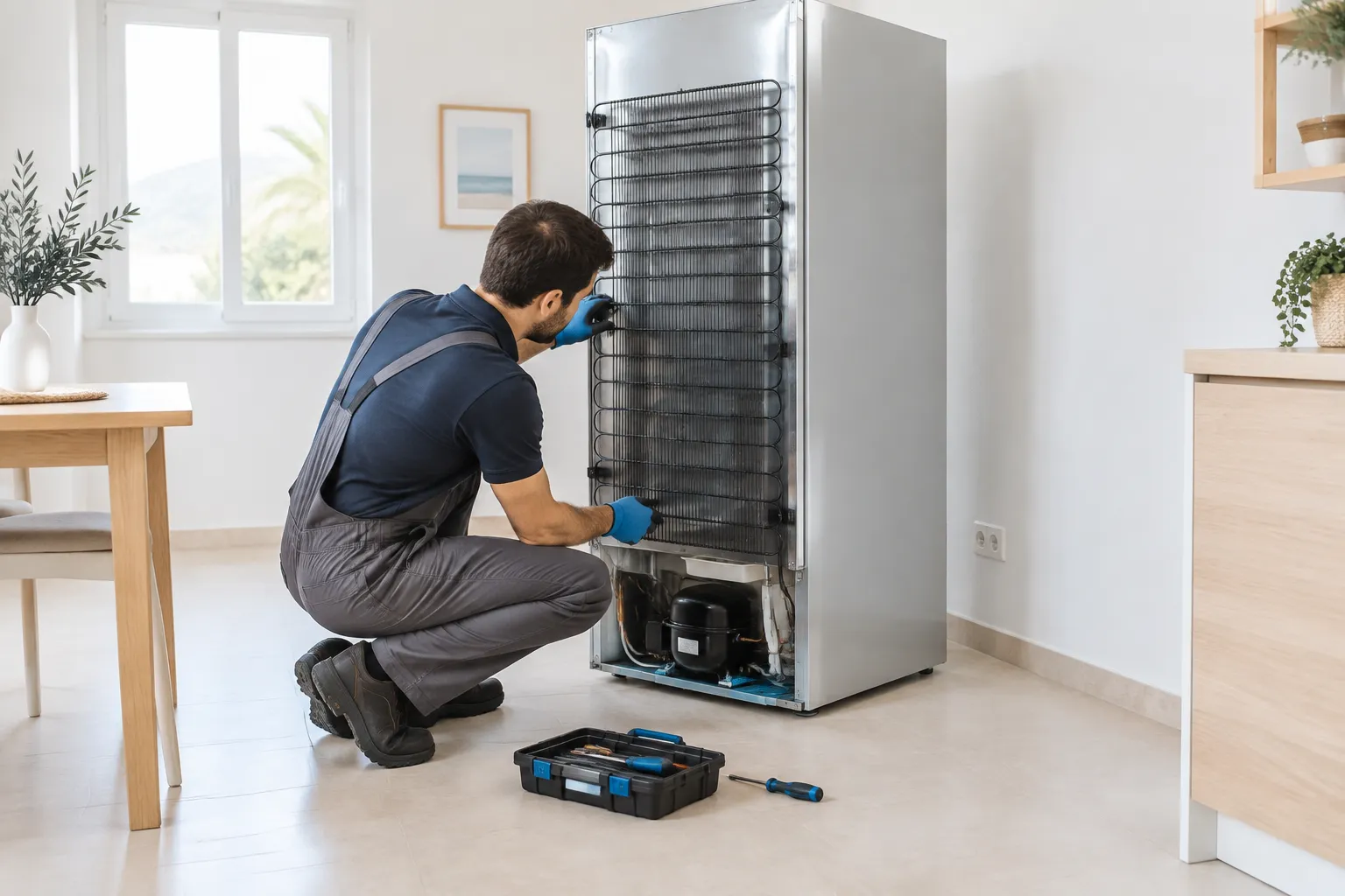 Técnico comprobando la rejilla del condensador en la parte trasera de un frigorífico en una vivienda de La Herradura