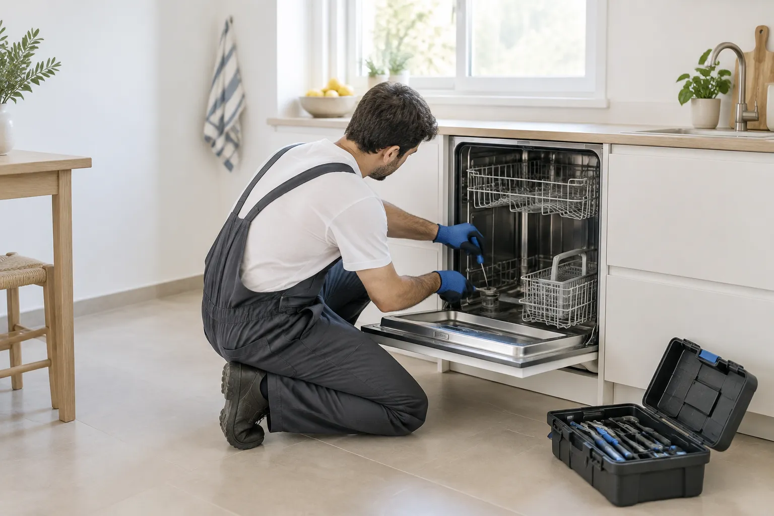Técnico trabajando en una cocina junto a un lavavajillas, con el maletín de herramientas abierto en una vivienda de Maro