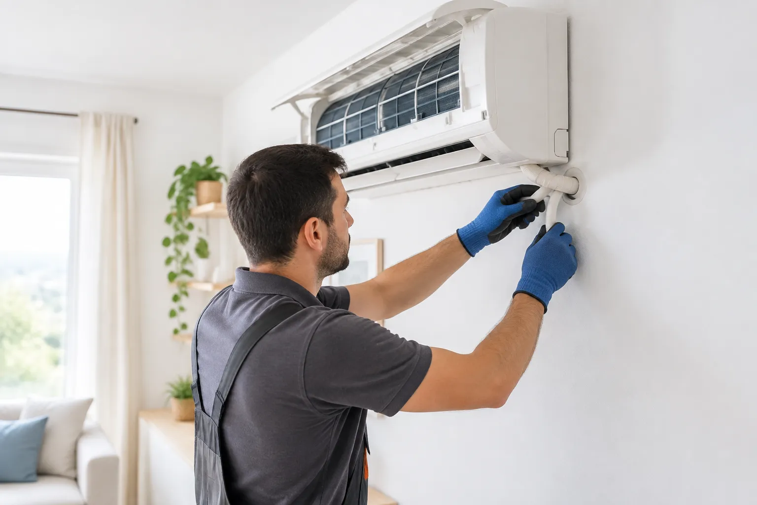 Técnico comprobando el desagüe de condensados de un aire acondicionado en una vivienda de Torrox