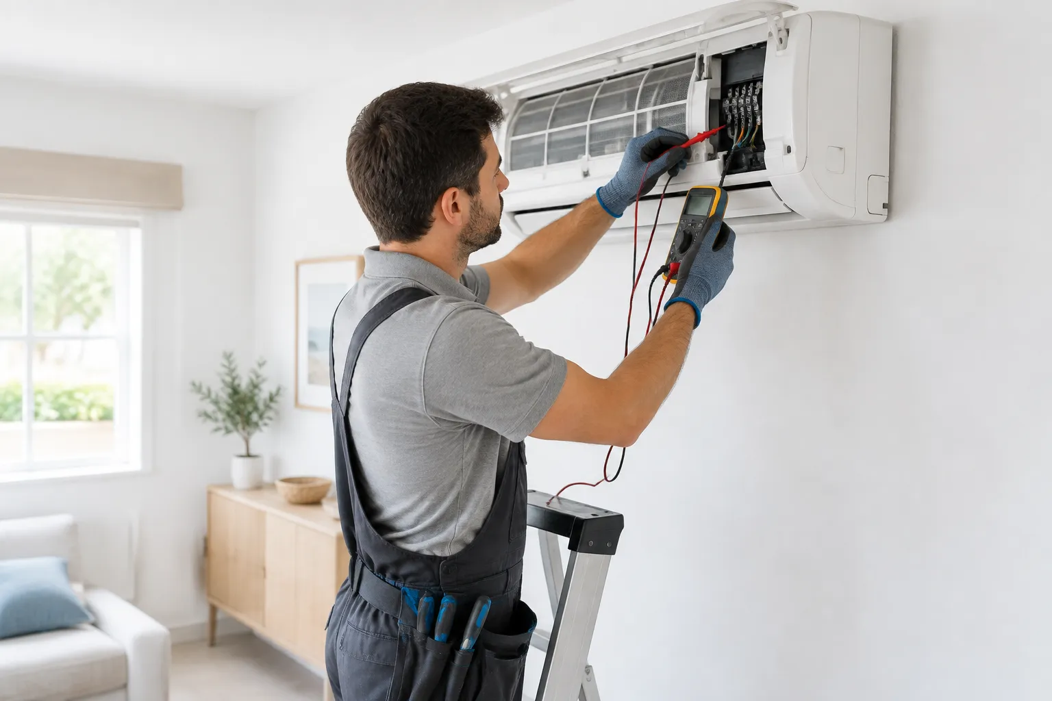 Técnico midiendo con un multímetro la regleta de un aire acondicionado en una vivienda de Vélez-Málaga